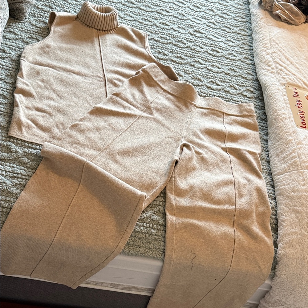 Marled Cream Wide Leg Pants & Sleeveless Top Set